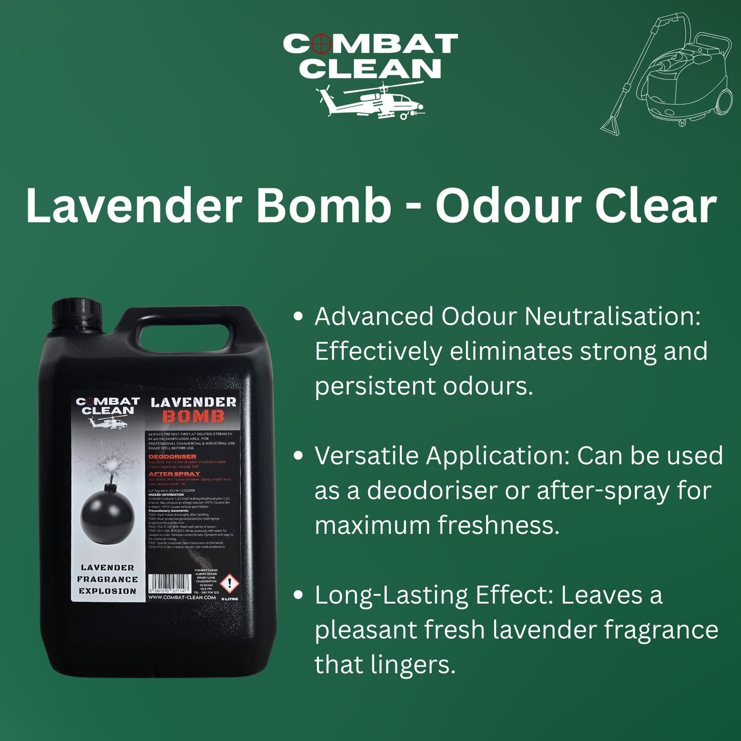Image 1 Alt Text:
Carpet cleaner applying Lavender Bomb odour neutraliser spray to remove stubborn carpet smells
Image 2 Alt Text:
Fresh clean living room carpet after using Lavender Bomb carpet deodoriser
Image 3 Alt Text:
Upholstery cleaning professional misting sofa with Lavender Bomb after-spray
Image 4 Alt Text:
Carpet extraction machine in use with lavender odour neutralising solution