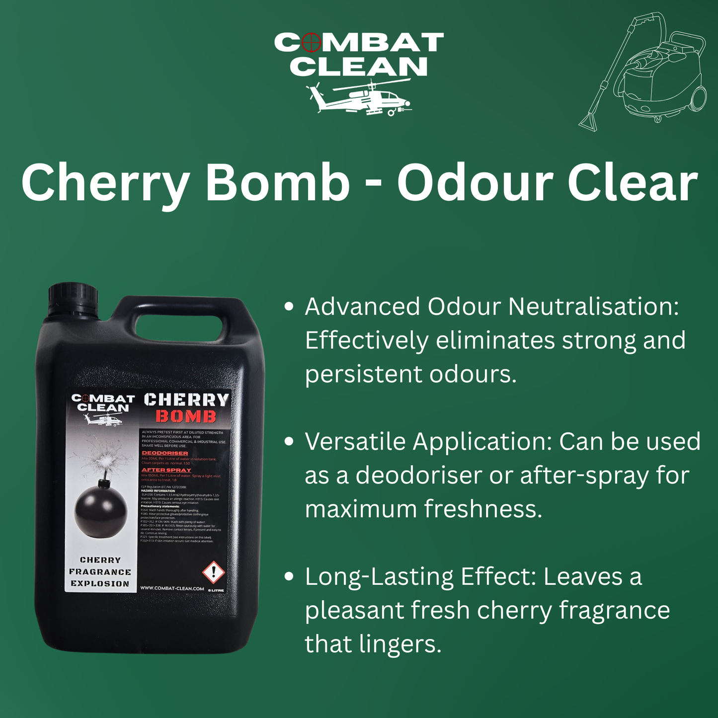 Carpet cleaner applying Cherry Bomb odour neutraliser spray

Image 2 Alt Text:
Fresh clean living room carpet after cherry fragrance treatment

Image 3 Alt Text:
Upholstery cleaning professional misting sofa with cherry deodoriser

Image 4 Alt Text:
Carpet extraction machine used with deodorising cleaning solution