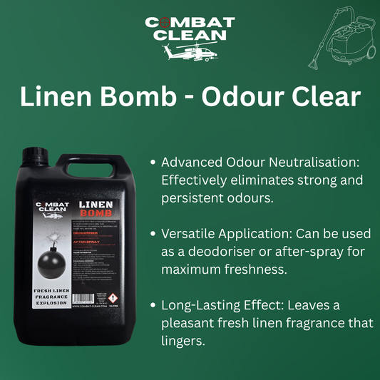 Image 1 Alt Text:
Carpet cleaner applying Linen Bomb odour neutraliser spray

Image 2 Alt Text:
Fresh bedroom carpet and soft furnishings after linen fragrance treatment

Image 3 Alt Text:
Upholstery cleaning professional misting sofa with linen deodoriser

Image 4 Alt Text:
Carpet extraction machine used with deodorising cleaning solution