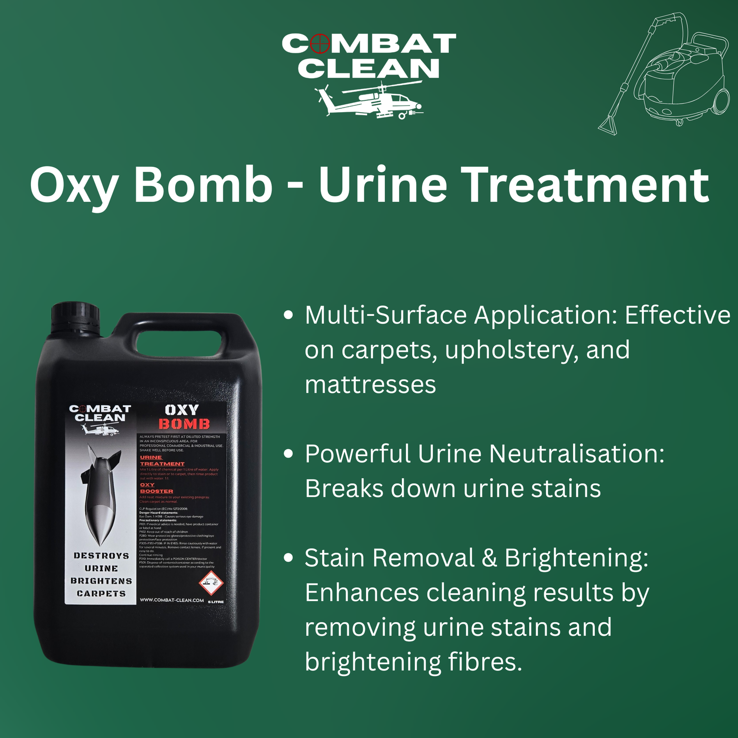 Image 1 Alt Text:
Pet urine stain on carpet before and after treatment with Oxy Bomb

Image 2 Alt Text:
Carpet cleaner applying urine treatment pre spray to affected area

Image 3 Alt Text:
Mattress urine stain removal process using oxygen based cleaner

Image 4 Alt Text:
Upholstery urine contamination being treated with professional cleaning solution